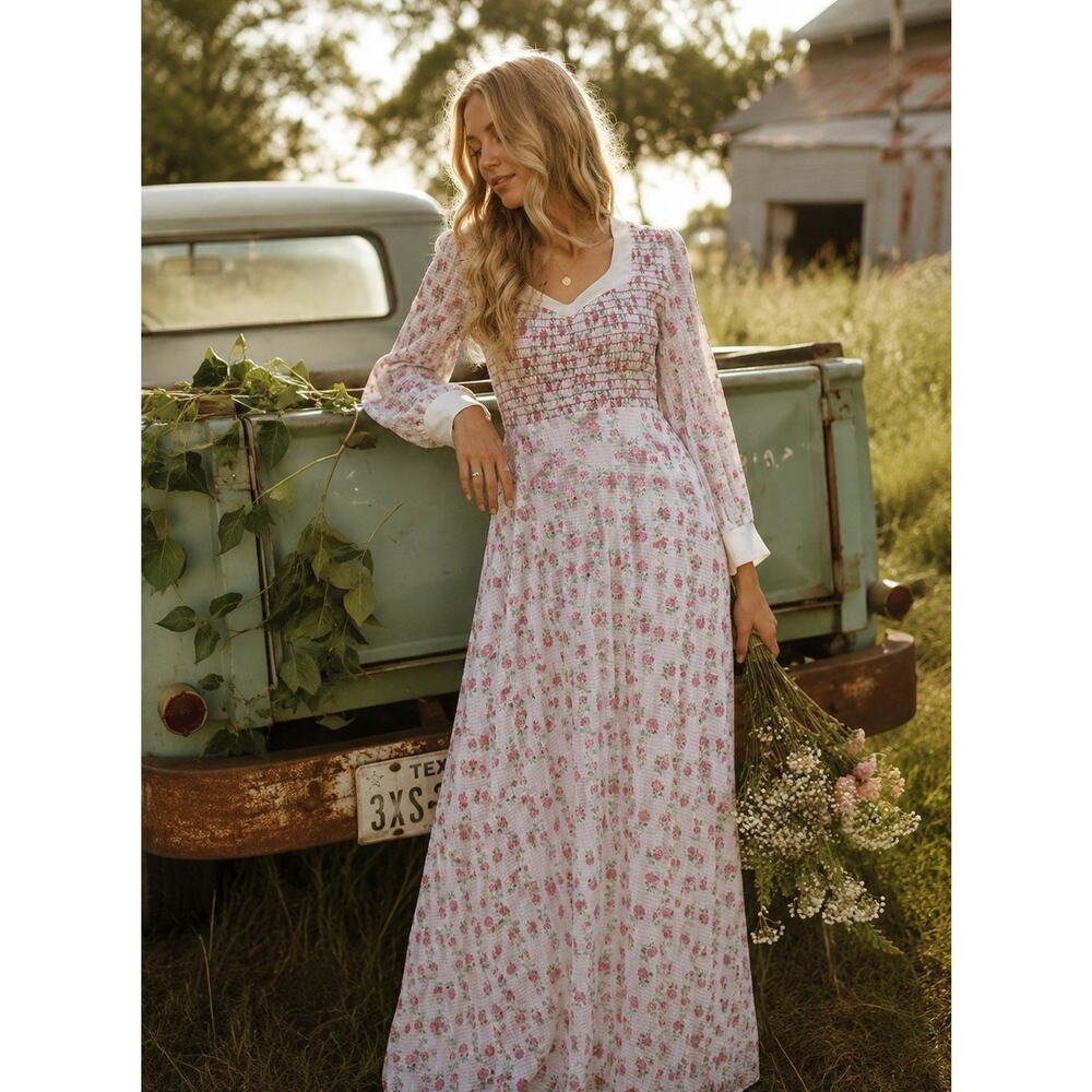 1970’s Vintage Floral Prairie Maxi Dress W/Smocked Bodice Fairy Cottagecore XS